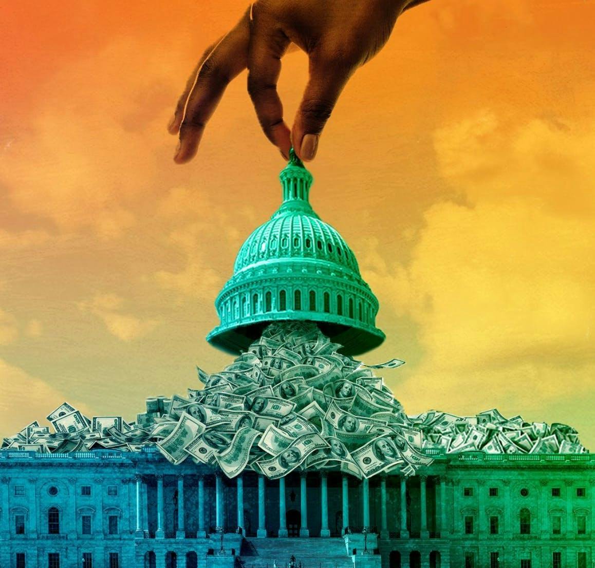 image of a hand lifting off the top of the US Capitol building with money flowing out of it