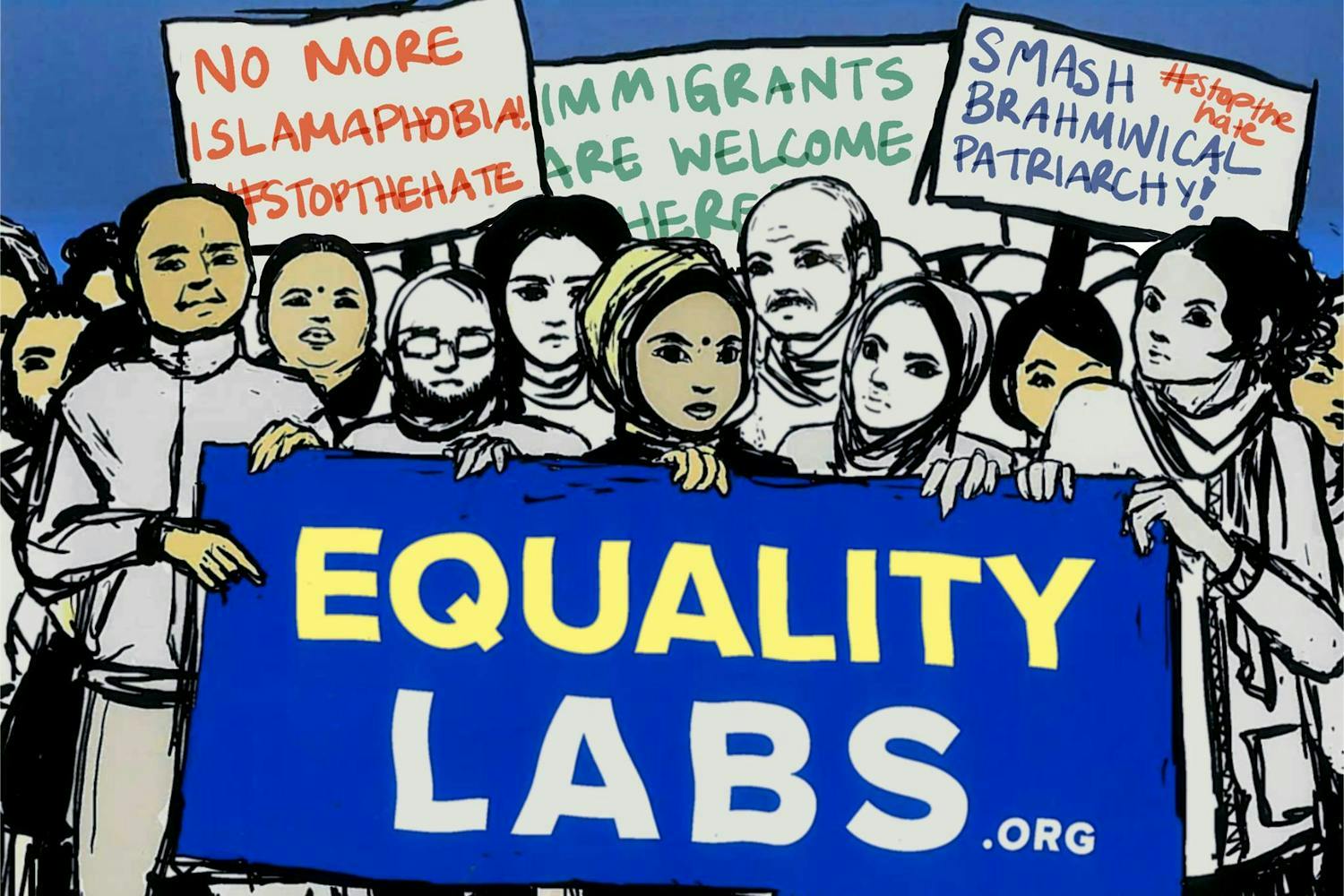 illustration of people at a rally holding signs that say "equalitylabs.org" and "no more islamaphobia #stopthehate" and "immigrants are welcome here"