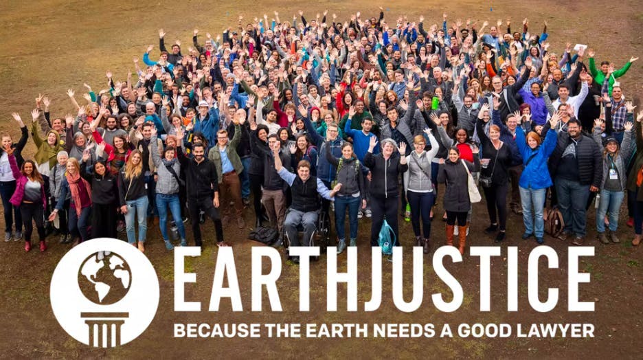 people cheering together with the lgoo for Earthjustice and tagline "because the earth needs a good lawyer"